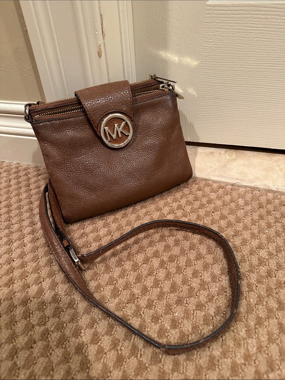 Michael Kors Brown Pebbled Leather Crossbody with MK Medallion - read listing
